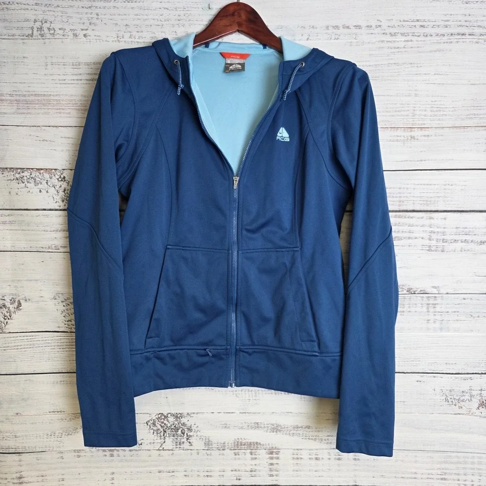 Nike ACG Jacket Women Small Blue Full Zip Thermal Hoodie Run‎ Soft Shell Casual